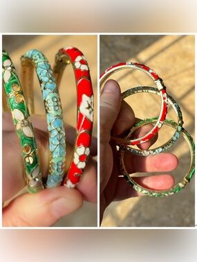 Enamel Floral Bangle Set - Red, Turquoise, Green. Choose Which One You Want.